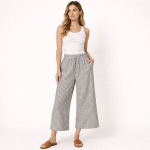 MASAI Copenhagen Striped Wide Leg Pants Linen Blend Blue White Elastic Waist L
